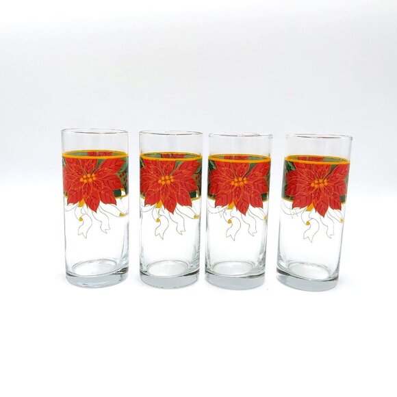 Christmas Tumblers Poinsettia Design - 12.5oz Glasses - Set of 4 - Vintage - Picture 1 of 5